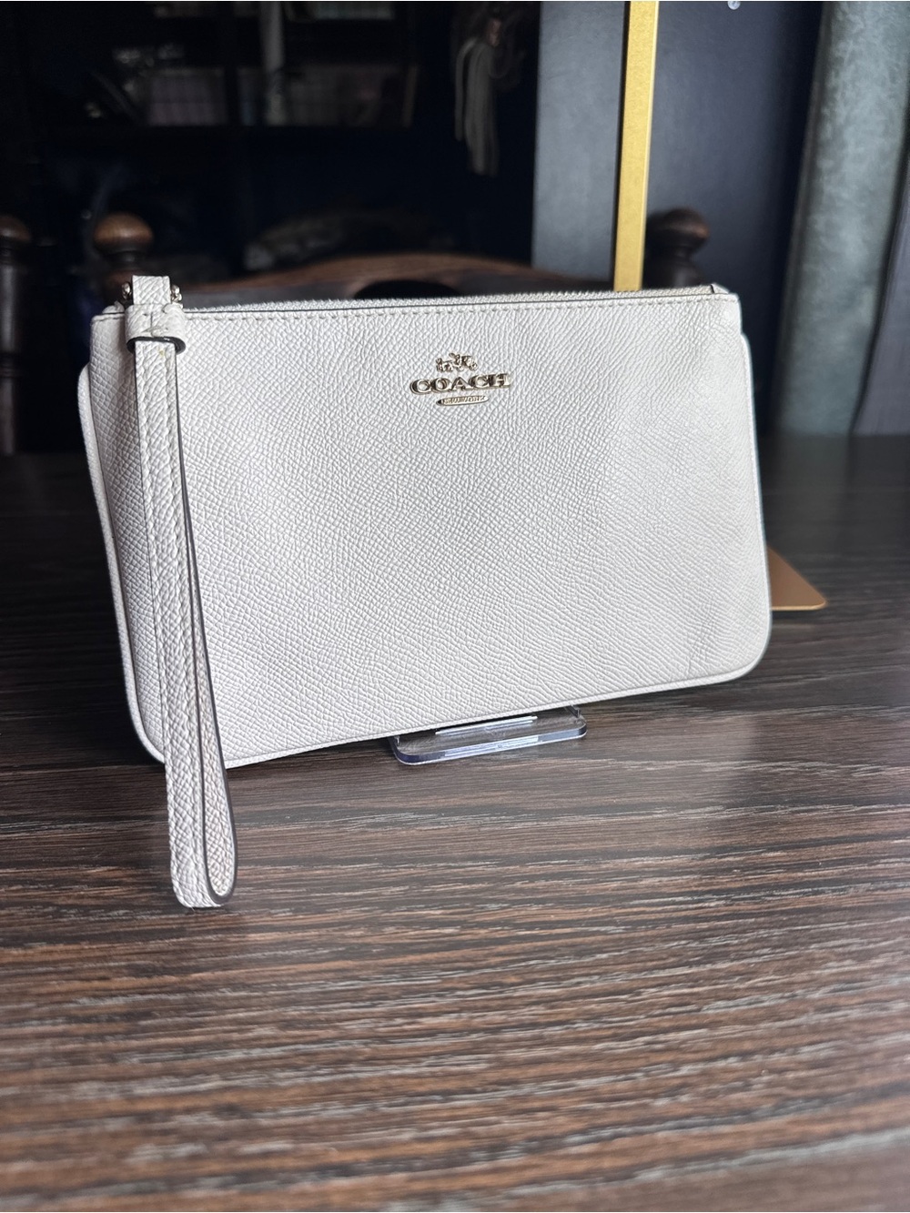 COACH Women's Pebble Leather Wristlet cream